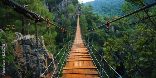 A pedestrian suspension bridge in the mountains, which opens up amazing aesthetic landscapes of nature. Generative AI