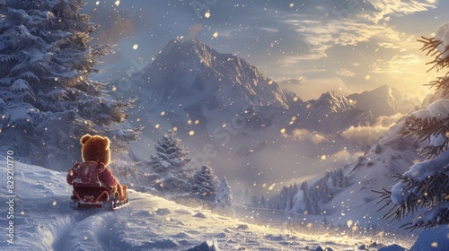 With a cuddly teddy bear in hand, a child enjoys a thrilling sled ride through the snow, soaking in the festive atmosphere of Christmas celebration