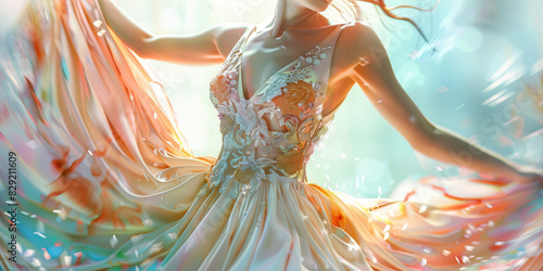 A fashion designer models a new dress, spinning around to show off its intricate details and stunning colors
