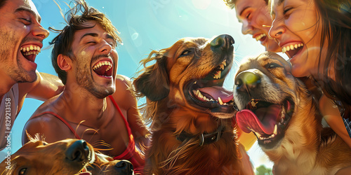 A group of friends laugh and cheer as they play a game of fetch with their beloved canine companions