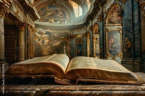 A large open book is on a table in a room with a lot of paintings on the walls