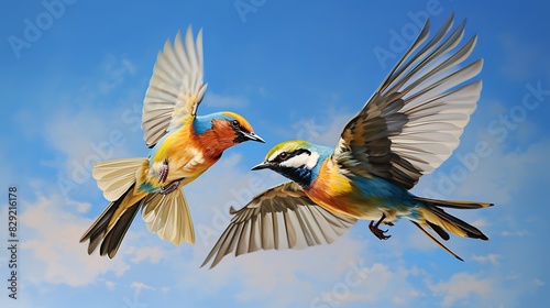 A duo of striking, colorful birds captured in flight against a clear blue sky.