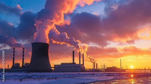 Industrial power plant at sunset with colorful sky, emitting steam from cooling towers, showcasing energy production and environmental impact.