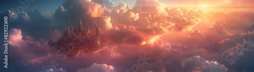 Wallpaper of a 3D fantasy castle floating in the sky, top view, Skyhigh kingdom, Scifi tone, Analogous Color Scheme
