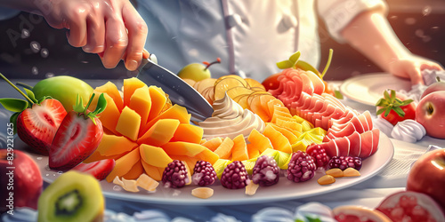 A chef meticulously slices and arranges fresh fruits for an elaborate dessert plate