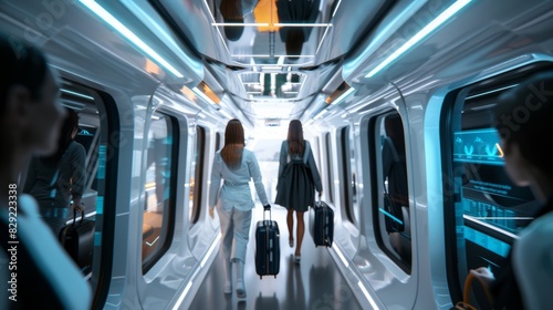 Passengers walking down the aisle of the eVTOL stowing their luggage in the overhead compartments.