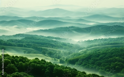 Misty Green Mountain Landscape at Dawn