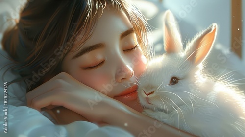 Delicate illustration of a woman tenderly cuddling a fluffy white bunny in soft lighting.