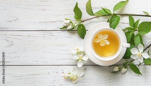 Blooming jasmine on a white wooden background with green tea in a white cup