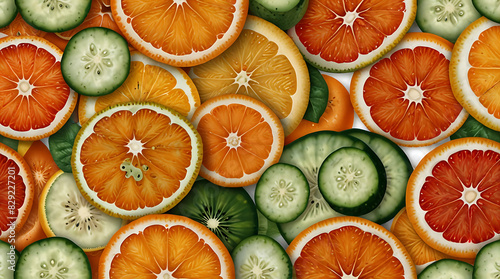 Seamless Assorted pattern of oranges and cucumbers sliced up on a plain white background, summer juice banner wallpaper 