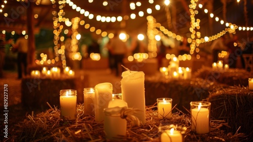 Western music fills the air as the wedding reception takes place in a nearby barn adorned with hay bales and flickering candles.