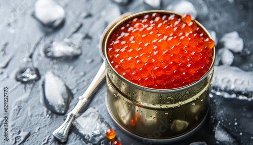 Chilled red caviar in can alongside a spoon on a grey background