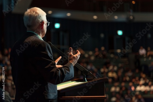 Professional Photography of a keynote speaker delivering an inspiring speech at a corporate conference, Generative AI