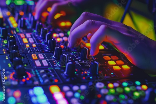 Close up of hand adjusting colored knobs on lit DJ mixer in energetic nightclub