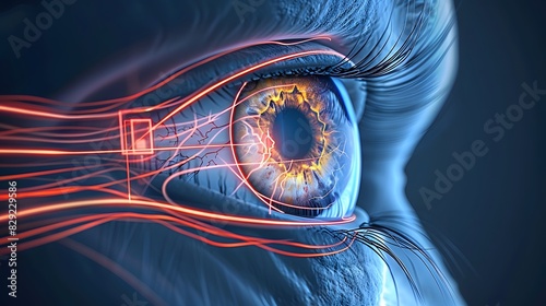 Visualization of the visual pathway, from the retina through the optic nerve to the brain, in a clear, educational format