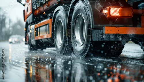 Close up of truck chassis and wheels on a rainy road emphasizing safety tire grip on wet surfaces and shorter braking distances