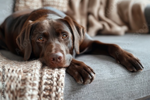 Close up portrait of playful chocolate labrador retriever lounging on gray sofa at home Brown dog looking happy and funny Copy space available