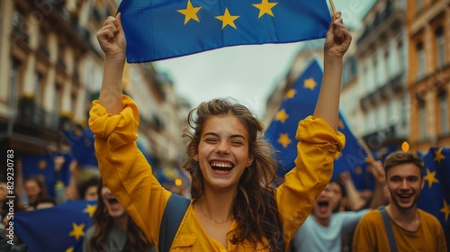 a joyful young woman holding up the European flag, surrounded by a festive crowd celebrating in the street. The backdrop shows cheerful and smiling people, capturing the spirit of unity and happiness