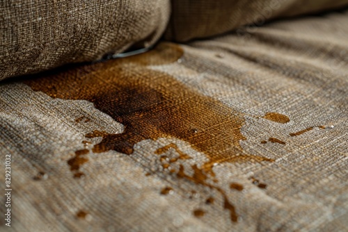 Coffee spill stains upholstery requiring cleaning and stain removal Photo depicts spoiled fabric