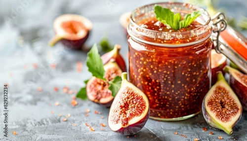 Fig jam and fruits in glass jar on table