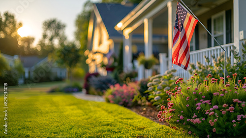 American flag displayed on house corner with blurred background Close-up of an American flag in the front yard of a suburban home, Generative AI