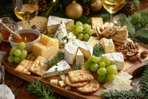 French cheese platter with green grapes walnuts honey and crackers for Christmas