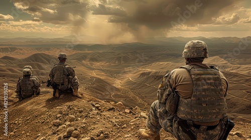 Several soldiers are seen from behind sitting on a rocky desert hill watching the sunset in a war zone.