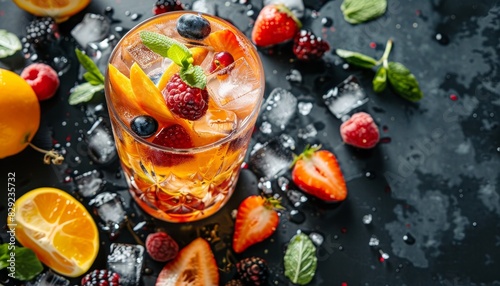 Frozen beverage with decoration and fruit atop along with ice