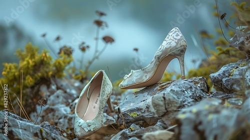 Stylish heel shoes placed delicately on mountain rocks, a whimsical scene blending haute couture with mountain charm.