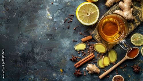 Ginger tea with lemon cinnamon honey and rustic backdrop