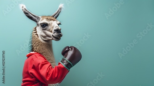 Llama in Sports Clothes Playfully Engages in a Boxing Match on a Celadon Backdrop