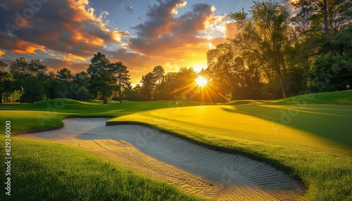 Golf course at sunset with stunning sky sand trap Panoramic view of fairway with bunker pines