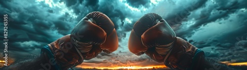 Two boxing gloves clashing under a dramatic cloudy sky at sunset, symbolizing conflict, challenge, and determination in an epic scene.