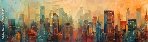 Abstract painting of a vibrant city skyline blending warm and cool tones, showcasing dynamic energy and urban life.