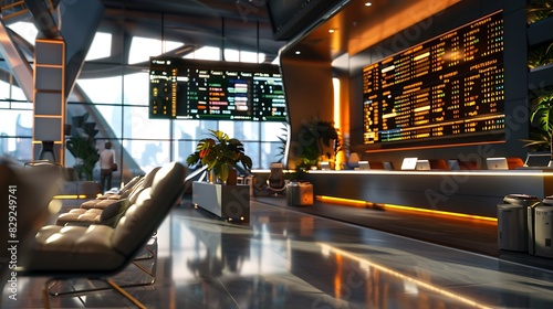 A wide-angle view of a modern airport lounge with a departure board displaying flight information in the background