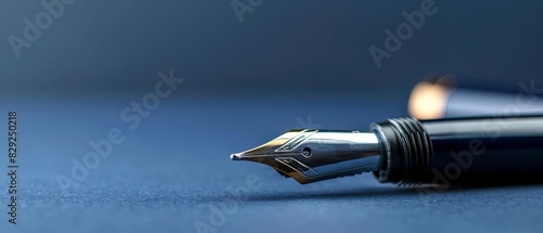 Close-up of a elegant fountain pen on a dark blue background, showcasing intricate details and craftsmanship, perfect for writing and stationery projects.
