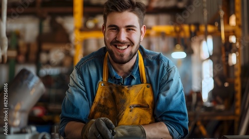 Happy Young Welder Proudly Posing in Industrial Workplace