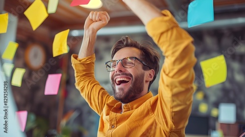 Overjoyed Scrum Master Celebrating Successful Team in Modern Office