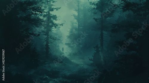 A dark, foggy forest with shadows lurking between the trees, creating a sense of dread