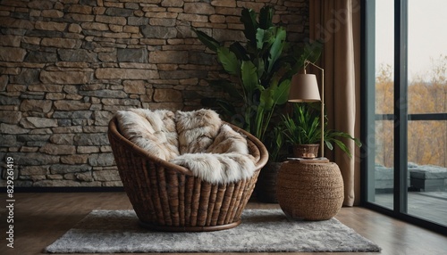 fur accent barrel chair against window and wild stone | fur accent sofa in room with window