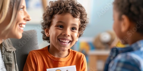 a joyful child holding up an animal flash card during a session with their speech therapist, comforting atmosphere for learning