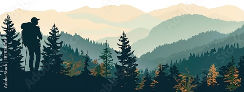 A silhouette illustration of a man standing against the background of a mountain forest and looking into the distance.