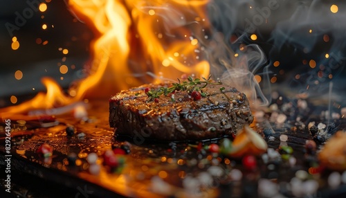 Grilled steak and flame