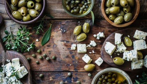 Healthy snack idea consisting of feta cheese and olives on a rustic wooden background Top view