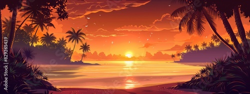 Palm trees silhouettes on colorful tropical ocean sunset background. Cartoon illustration.