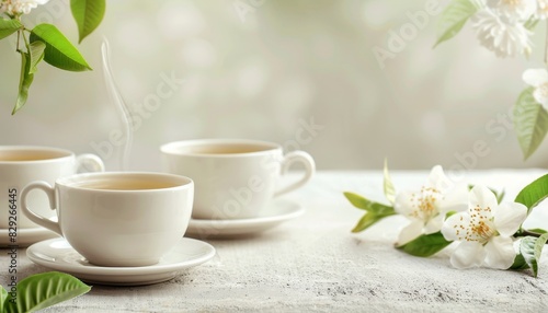 Negative space for text or design in white cups holding green tea with jasmine