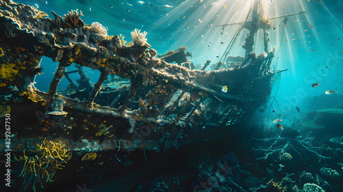 A shipwreck is seen in the ocean with a bright sun shining on it