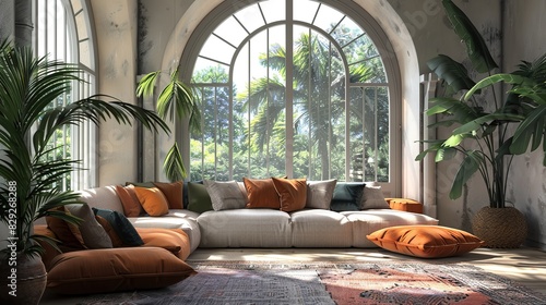Corner sofa with pillows against arched window. Boho ethnic home interior design of modern living room. copy space for text.