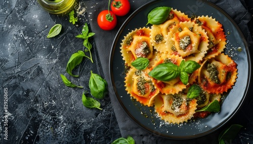 Pasta dish with pesto ravioli meat and tomato sauce on a rustic table with copy space