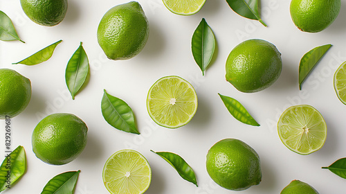 Graphic design poster art of limes with lime leaves laid out in mismatched patterns. Aerial photography style on a white background with soft-edged, rounded details